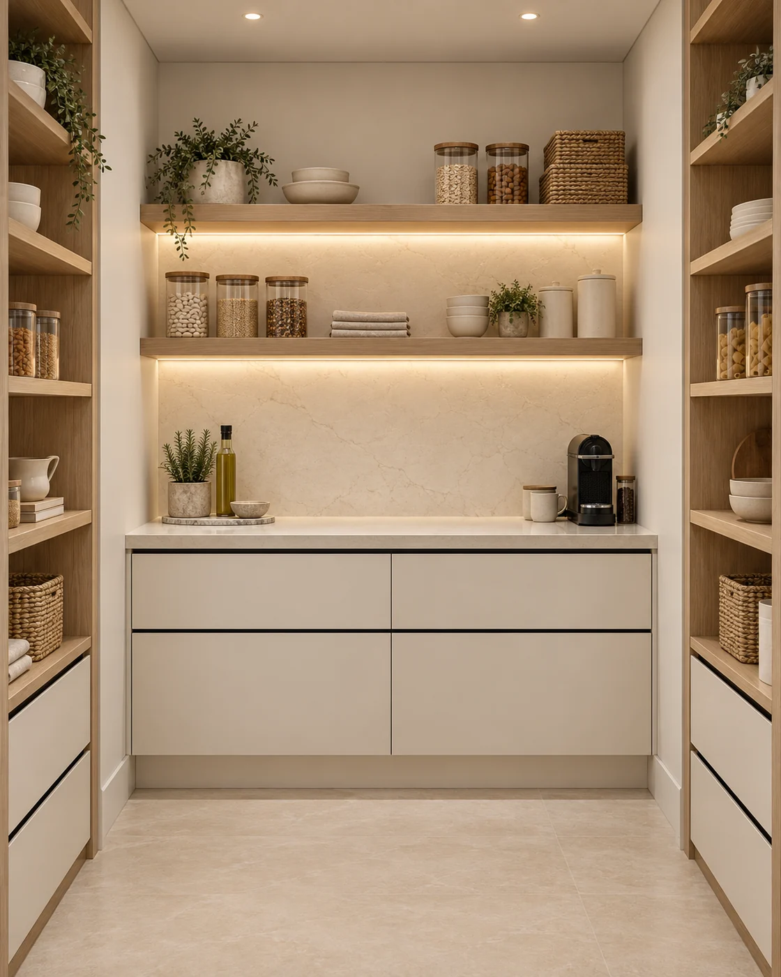 Pantry design study with oak shelves, ivory cabinetry and a softly illuminated stone worktop